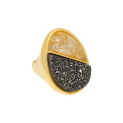 Anel Fane's Pedras Naturais Drusa Negra Quartzo Dourado