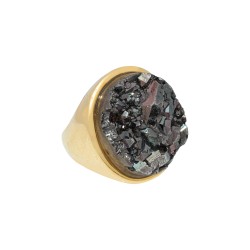Anel Fane's Pedras Naturais Drusa Negra Metal Dourado