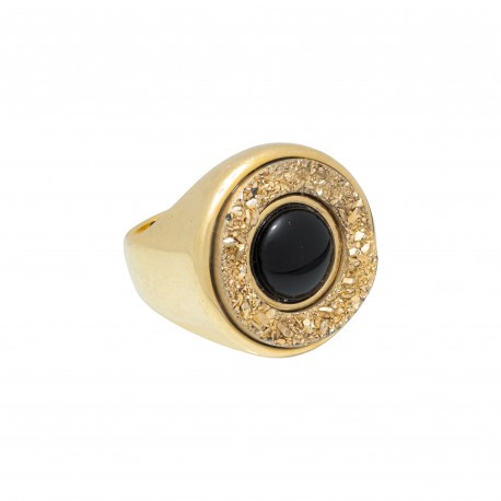 Anel Fane's Pedras Naturais Drusa Ouro Onix Metal Dourado