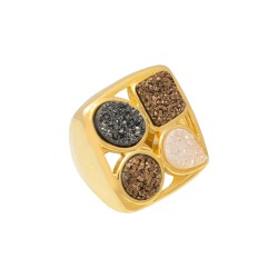 Anel Fane's Pedras Naturais Drusas Coloridas Metal Dourado