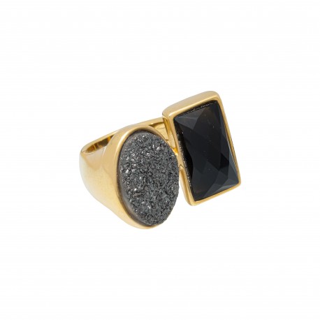 Anel Fane's Pedras Naturais Drusa Negra Onix Metal Dourado