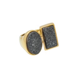 Anel Fane's Pedras Naturais Drusa Negra Metal Dourado
