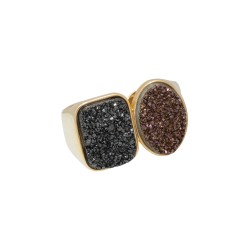 Anel Fane's Duplo Pedra Natural Drusa Negra Bronze Metal Dourado