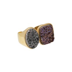 Anel Fane's Duplo Pedra Natural Drusa Bronze Negra Metal Dourado