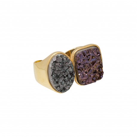 Anel Fane's Duplo Pedra Natural Drusa Bronze Negra Metal Dourado