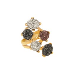 Anel Fane's Pedras Naturais Drusas Coloridas Metal Dourado