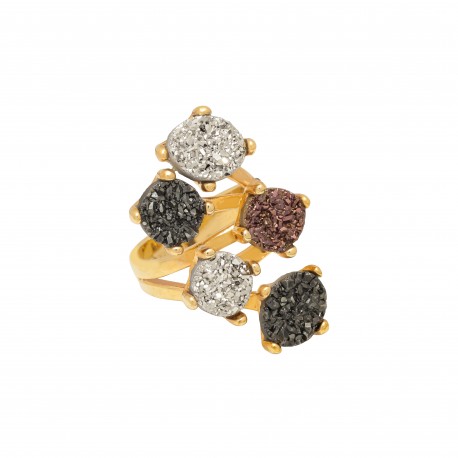 Anel Fane's Pedras Naturais Drusas Coloridas Metal Dourado