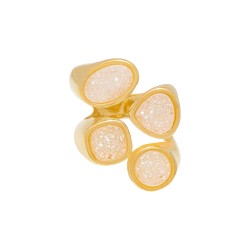 Anel Fane's Pedras Naturais Drusa Branca Metal Dourado
