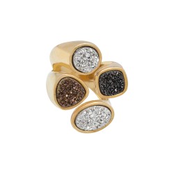 Anel Fane's Pedras Naturais Drusas Coloridas Metal Dourado