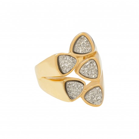 Anel Fane's Pedras Naturais Drusa Platina Metal Dourado
