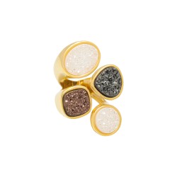 Anel Fane's Pedras Naturais Drusas Coloridas Metal Dourado