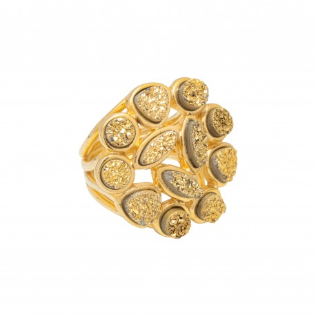Anel Fane's Pedras Naturais Drusa Ouro Metal Dourado