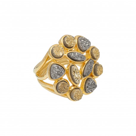 Anel Fane's Pedras Naturais Drusa Ouro Platina Metal Dourado