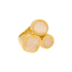 Anel Fane's Pedras Naturais Drusa Branca Metal Dourado