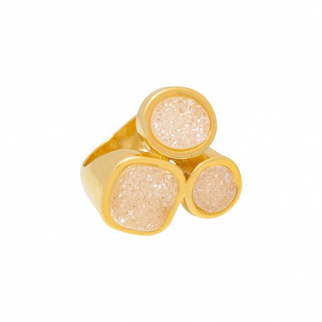 Anel Fane's Pedras Naturais Drusa Branca Metal Dourado