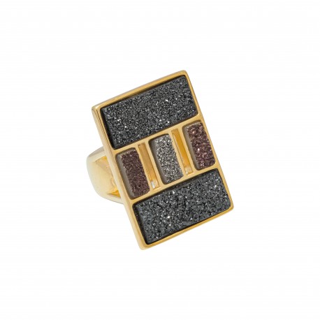 Anel Fane's Pedras Naturais Drusas Coloridas Metal Dourado