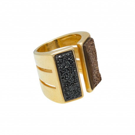 Anel Fane's Pedras Naturais Drusa Bronze Negra Metal Dourado