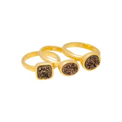 Anel Fane's Pedras Naturais Drusa Bronze Kit Metal Dourado