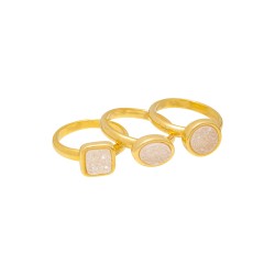 Anel Fane's Pedras Naturais Drusa Branca Kit Metal Dourado