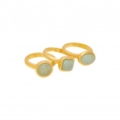 Anel Fane's Pedras Naturais Drusa Azul Céu Kit Metal Dourado