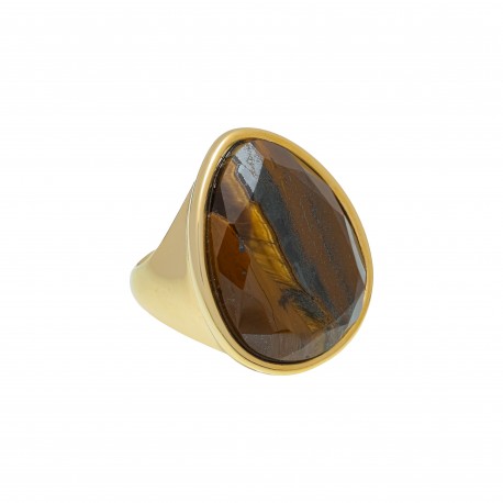 Anel Fane's Pedra Natural Olho de Tigre Metal Dourado