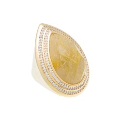 Anel Fane's Pedra Natural Quartzo Zircônias Metal Dourado