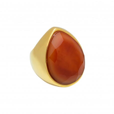 Anel Fane's Pedra Natural Cornalina Vermelha Metal Dourado