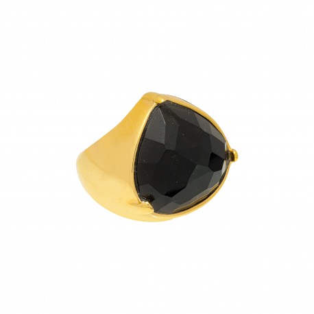 Anel Fane's Pedra Natural Onix Metal Dourado