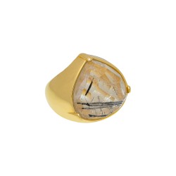 Anel Fane's Pedra Natural Quartzo Rutilado Metal Dourado
