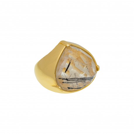 Anel Fane's Pedra Natural Quartzo Rutilado Metal Dourado