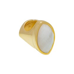 Anel Fane's Pedra Natural Quartzo Branco Metal Dourado