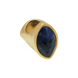 Anel Fane's Pedra Natural Àgata Azul Escura Metal Dourado