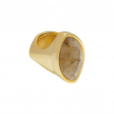 Anel Fane's Pedra Natural Quartzo Rutilado Metal Dourado