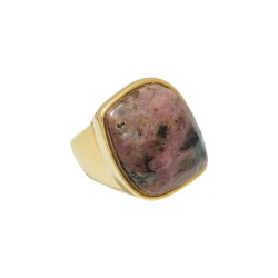 Anel Fane's Pedra Natural Rodonita Rosa Metal Dourado