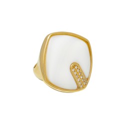 Anel Fane's Pedra Natural Madrepérola Zircônias Metal Dourado