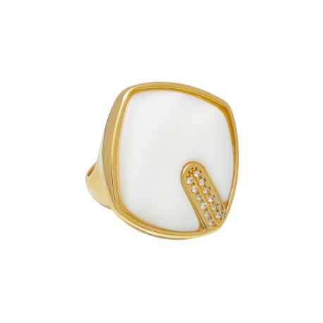 Anel Fane's Pedra Natural Madrepérola Zircônias Metal Dourado