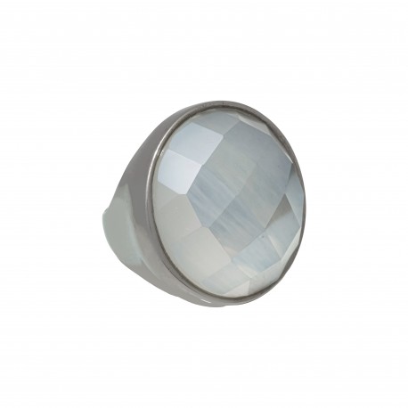 Anel Fane's Pedra Natural Cristal Perolado Metal Grafite