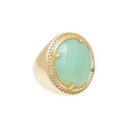 Anel Fane's Pedra Natural Àgata Azul Céu Zircônias Metal Dourado