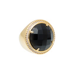 Anel Fane's Pedra Natural Onix Zircônias Metal Dourado
