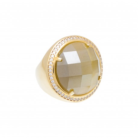 Anel Fane's Pedra Natural Fumê Perolada Zircônias Metal Dourado