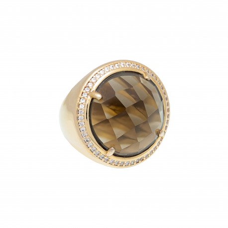 Anel Fane's Pedra Natural Fumê Zircônias Metal Dourado