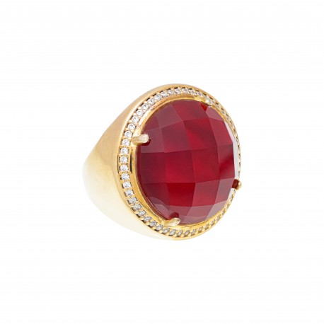 Anel Fane's Pedra Natural Rubi Zircônias Metal Dourado