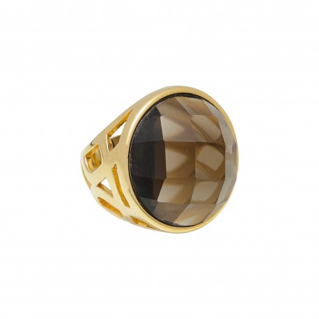 Anel Fane's Pedra Natural Cristal Mocca Metal Dourado
