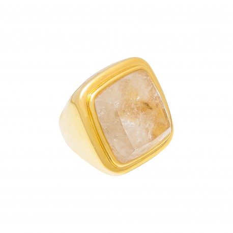Anel Fane's Pedra Natural Quartzo Rutilado Metal Dourado