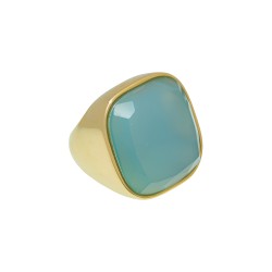 Anel Fane's Pedra Natural Àgata Azul Céu Metal Dourado