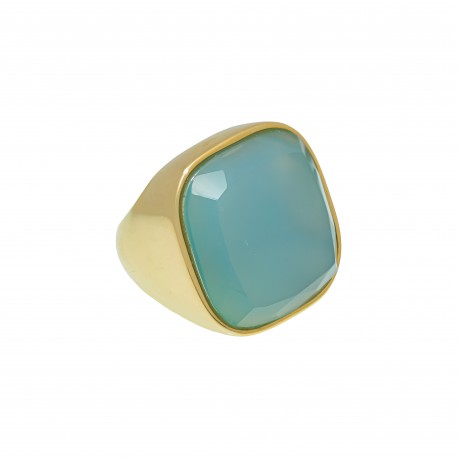 Anel Fane's Pedra Natural Àgata Azul Céu Metal Dourado