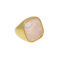 Anel Fane's Pedra Natural Quartzo Rosa Metal Dourado