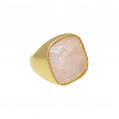 Anel Fane's Pedra Natural Quartzo Rosa Metal Dourado
