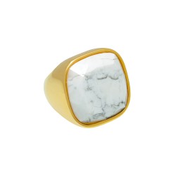 Anel Fane's Pedra Natural Howlita Branca Metal Dourado