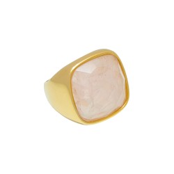 Anel Fane's Pedra Natural Quartzo Rosa Metal Dourado
